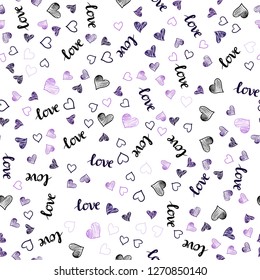 Dark Purple, Pink vector seamless cover with quote LOVE YOU, hearts. Design in doodle style with text LOVE YOU, hearts. Template for business cards, websites.