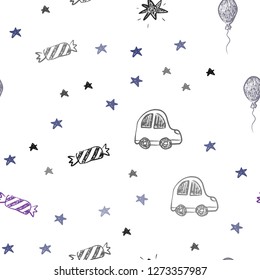 Dark Purple, Pink vector seamless pattern in christmas style. Colorful illustration with a toy car, baloon, candy, star, ball. Template for new year postcards.