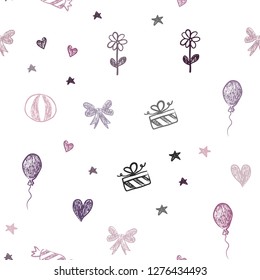 Dark Purple, Pink vector seamless pattern in christmas style. Illustration with a gradientheart, baloon, candy, gift, star, ribbon. Design for holiday adverts.