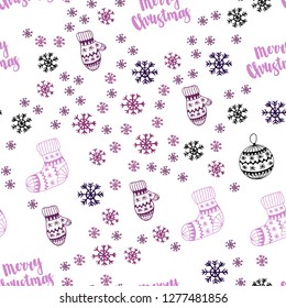 Dark Purple, Pink vector seamless cover with beautiful snowflakes, balls, socks, mittens. Colorful decorative design in xmas style. Template for business cards, websites.