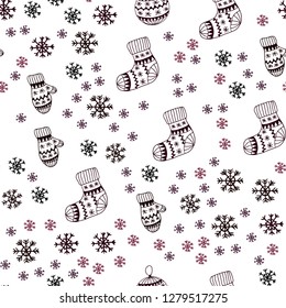 Dark Purple, Pink vector seamless texture with colored snowflakes, balls, socks, mittens. Modern geometric abstract illustration. Pattern for trendy fabric, wallpapers.