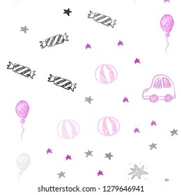 Dark Purple, Pink vector seamless pattern in christmas style. Illustration with a gradient toy car, baloon, candy, star, ball. Design for colorful commercials.