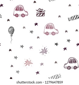 Dark Purple, Pink vector seamless template in carnival style. Illustration with a colorful toy car, baloon, candy, star, ball. Pattern for carnival, festival ads.