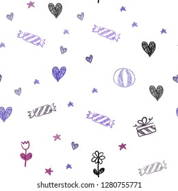 Dark Purple, Pink vector seamless texture in birthday style. Illustration with a colorfulheart, baloon, candy, gift, star, ribbon. Template for new year postcards.