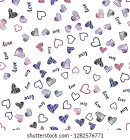 Dark Purple, Pink vector seamless background with words of love, hearts. Design in doodle style with text LOVE YOU, hearts. Pattern for trendy fabric, wallpapers.