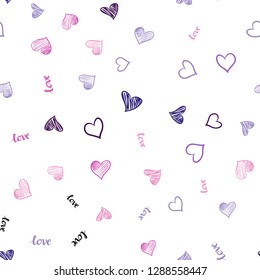 Dark Purple, Pink vector seamless pattern with phrase LOVE YOU, hearts. Illustration with words of love, hearts in abstract style. Design for wallpaper, fabric makers.