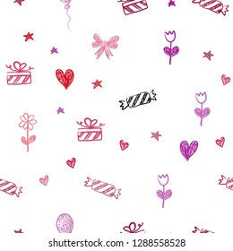 Dark Purple, Pink vector seamless background in xmas style. Design in xmas style with aheart, baloon, candy, gift, star, ribbon. Design for colorful commercials.