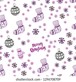 Dark Purple, Pink vector seamless background with xmas snowflakes, balls, socks, mittens. Colorful illustration with xmas symbols. Design for wallpaper, fabric makers.
