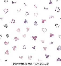 Dark Purple, Pink vector seamless texture with words LOVE YOU, hearts. Illustration with phrase LOVE YOU, hearts for valentine's day. Pattern for trendy fabric, wallpapers.