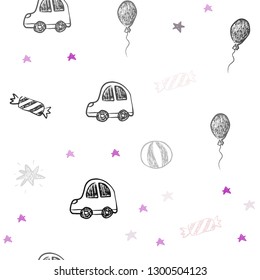 Dark Purple, Pink vector seamless template in carnival style. Illustration with a colorful toy car, baloon, candy, star, ball. Pattern for carnival, festival ads.