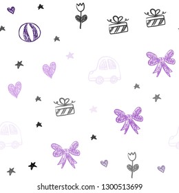 Dark Purple, Pink vector seamless backdrop with holiday gifts. Illustration with a colorful toy car, heart, baloon, tulip, candy, ball. Pattern for carnival, festival ads.