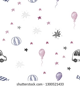 Dark Purple, Pink vector seamless pattern in christmas style. Design in xmas style with a toy car, baloon, candy, star, ball. Design for holiday adverts.