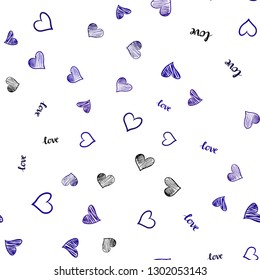 Dark Purple, Pink vector seamless pattern with phrase LOVE YOU, hearts. Design in doodle style with text LOVE YOU, hearts. Pattern for trendy fabric, wallpapers.