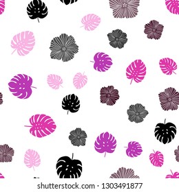 Dark Purple, Pink vector seamless doodle pattern with flowers, leaves. Abstract illustration with leaves, flowers in doodles style. Pattern for design of fabric, wallpapers.
