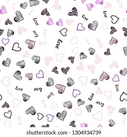 Dark Purple, Pink vector seamless cover with quote LOVE YOU, hearts. Illustration with words of love, hearts in abstract style. Pattern for design of fabric, wallpapers.