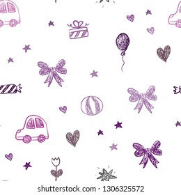 Dark Purple, Pink vector seamless backdrop with holiday gifts. Design in xmas style with a toy car, heart, baloon, tulip, candy, ball. Design for holiday adverts.