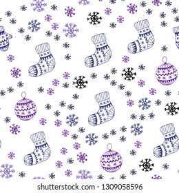 Dark Purple, Pink vector seamless background with xmas snowflakes, balls, socks, mittens. Shining colorful illustration in christmas style. Template for business cards, websites.