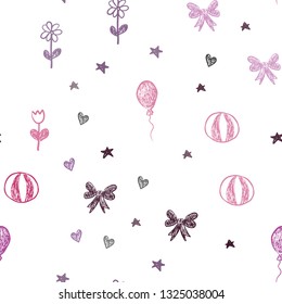 Dark Purple, Pink vector seamless pattern in christmas style. Shining illustration with aheart, baloon, candy, gift, star, ribbon. Template for new year postcards.