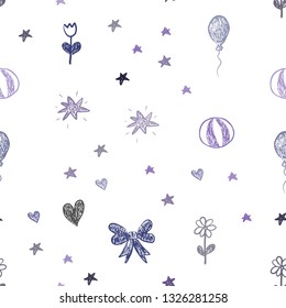 Dark Purple, Pink vector seamless texture with birthday gifts. Shining illustration with a toy car, heart, baloon, tulip, candy, ball. Pattern for birthday gifts.