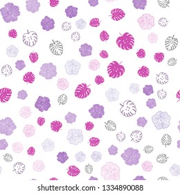 Dark Purple, Pink vector seamless abstract background with leaves, flowers. Colorful illustration in doodle style with leaves, flowers. Design for textile, fabric, wallpapers.