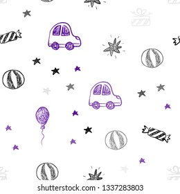 Dark Purple, Pink vector seamless template in carnival style. Shining illustration with a toy car, baloon, candy, star, ball. Template for new year postcards.