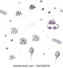 Dark Purple, Pink vector seamless background in xmas style. Colorful illustration with a toy car, baloon, candy, star, ball. Design for holiday adverts.