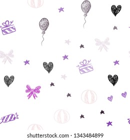 Dark Purple, Pink vector seamless background in xmas style. Colorful illustration with aheart, baloon, candy, gift, star, ribbon. Pattern for new year ads.