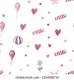 Dark Purple, Pink vector seamless layout in new year style. Colorful illustration with aheart, baloon, candy, gift, star, ribbon. Pattern for carnival, festival ads.