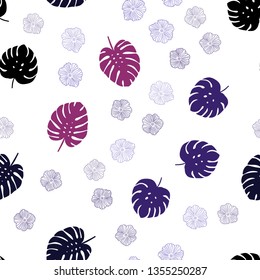 Dark Purple, Pink vector seamless doodle backdrop with flowers, leaves. Sketchy doodles on white background. Template for business cards, websites.