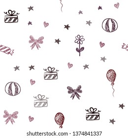 Dark Purple, Pink vector seamless backdrop in holiday style. Abstract illustration with aheart, baloon, candy, gift, star, ribbon. Pattern for new year ads.