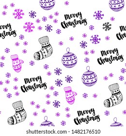 Dark Purple, Pink vector seamless pattern with christmas snowflakes, balls, socks, mittens. Colorful xmas elements with gradient. Design for textile, fabric, wallpapers.