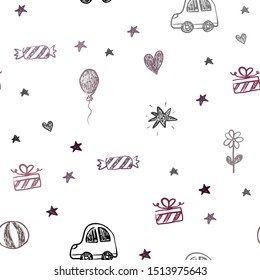 Dark Purple, Pink vector seamless layout with new year gifts. Illustration with a colorful toy car, heart, baloon, tulip, candy, ball. Pattern for new year ads.