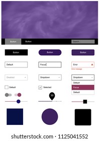 Dark Purple, Pink vector style guide with sky stars. Web ui kit with abstract gradient clouds in its header. Simple colorful design for websites.