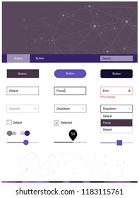 Dark Purple, Pink vector style guide with triangles, circles. Web ui kit with abstract triangles, circles in its header. This template you can use for landing pages.