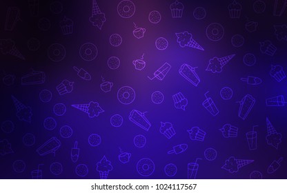 Dark Purple, Pink vector template with sweet snacks. Illustration with set of sweet food in doodle style. Template of children's food in cafe.