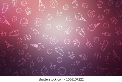 Dark Purple, Pink vector template with sweet snacks. Blurred decorative design of desserts in doodle style. Design for ad, poster, banner of cafes or restaurants.