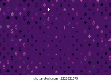 Dark purple, pink vector template with poker symbols. Colored illustration with hearts, spades, clubs, diamonds. Design for ad, poster, banner of gambling websites.