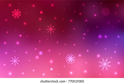 Dark Purple, Pink vector texture with colored snowflakes. Snow on blurred abstract background with gradient. The pattern can be used for new year leaflets.