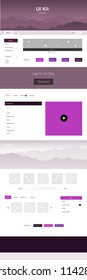 Dark Purple, Pink vector ui ux kit with hills and rocks. Web ui kit with abstract gradient hills in its header. Simple colorful design for tourist websites.