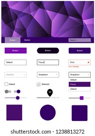 Dark Purple, Pink vector ui kit in polygonal style. Colorful Style guide with triangles on abstract background. Beautiful layout for websites, landing pages.