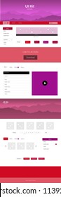 Dark Purple, Pink vector web ui kit with mountains. Modern Style guide with colorful gradient mountains in its header. Template for website of outdoor activities.