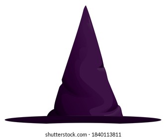 Dark and purple, pointy witch hat with flat brim, isolated over white background.