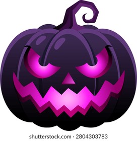 Dark purple pumpkin glowing eyes glowing mouth Halloween decoration spooky face carved pumpkin scary expression purple color Halloween theme sinister look