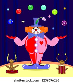 dark purple scene, monkeys and red abstract clown with juggling balls