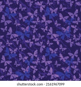 Dark purple seamless grunge pattern with pink butterflies. Vector eps 10