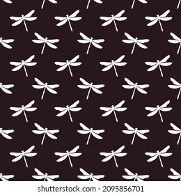 Patrón púrpura oscuro y transparente con libélulas blancas. Diseño de tejidos, textiles, papel pintado, ropa de cama, chapoteo o prendas de vestir neutras desde el punto de vista del género.