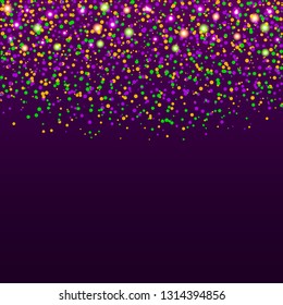 Dark purple shining background for Mardi gras with colorful confetti and lights. Eps 10