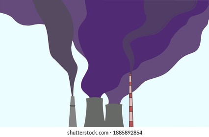 Dark purple smoke comes from the factory chimneys into the clear sky