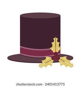 Dark purple snowman hat with glitter holly berries. Vector magician's hat.  Black hat. Glitter gold holly berries. Wizard hat.
