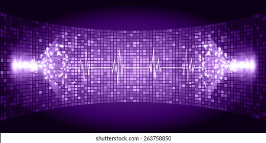 Dark purple Sound wave background suitable as a backdrop for music, technology and sound projects. Heart pulse monitor with signal. Heart beat.